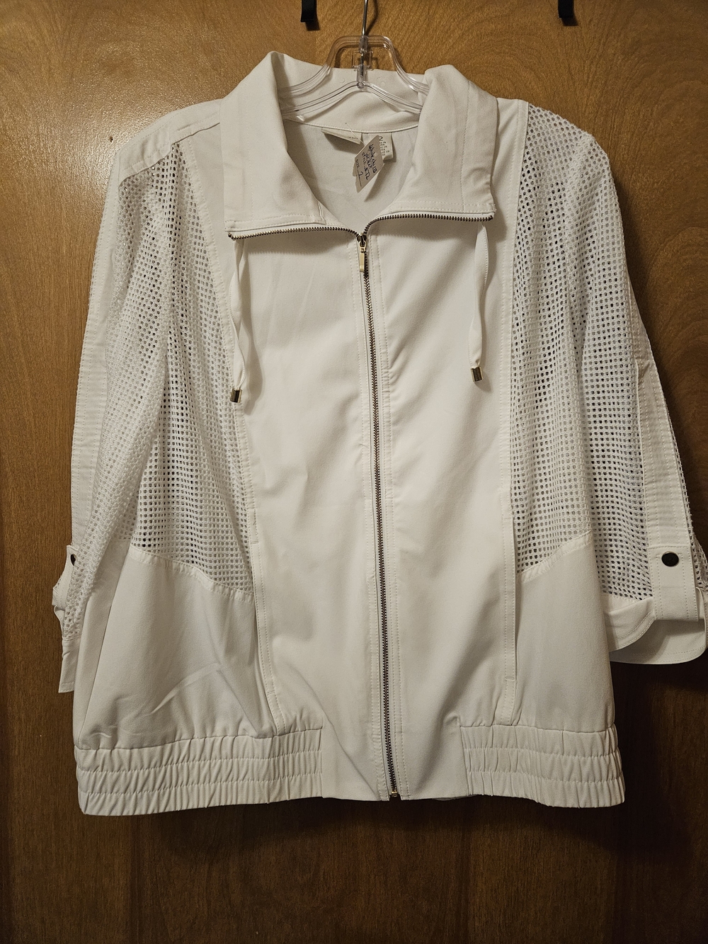 Chico's Zenergy White Mesh-Panel Zip Front Bomber Jacket